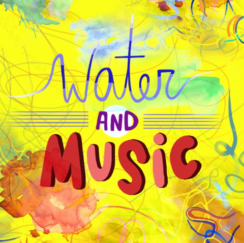 a yellow background with abstract, colorful swirls in the foreground is the text "water and music"