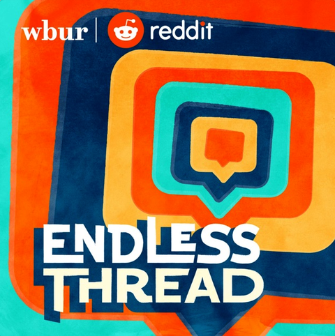 a dialogue bubble in mint, red, blue, and yellow repeated in the background with the words "endless thread" superimposed in the foreground