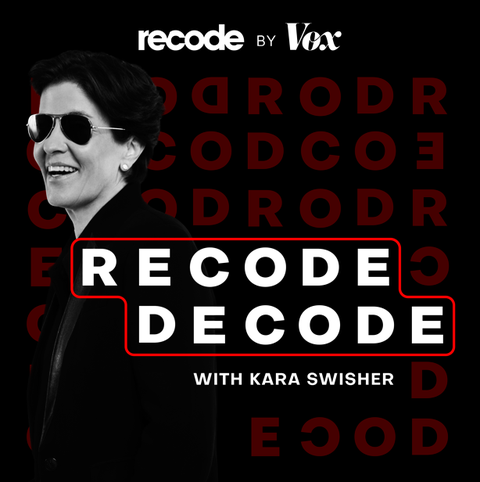 a black and white image of kara swisher on the left with the recode decode logo superimposed on top in white text scrambled letters from "recode decode" are faint in the background in red