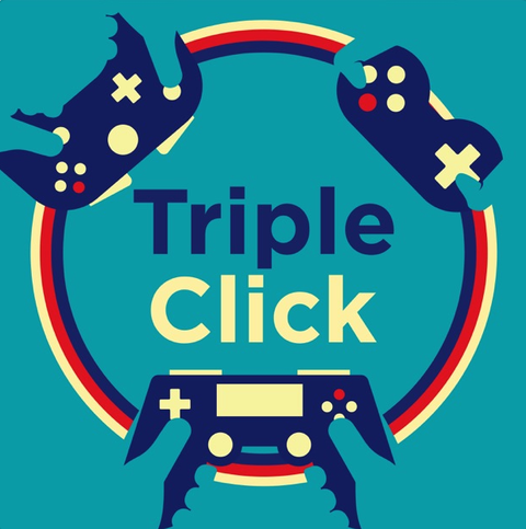 a logo with the words "triple click" in a red, white and blue circle with three video game controllers spaced out on the outside of the ring