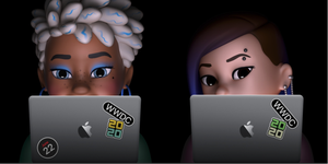two female presenting illustrated computer programmers look over their laptops