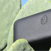 a cactus leather wallet in the foreground, with a prickly pear cactus in the background