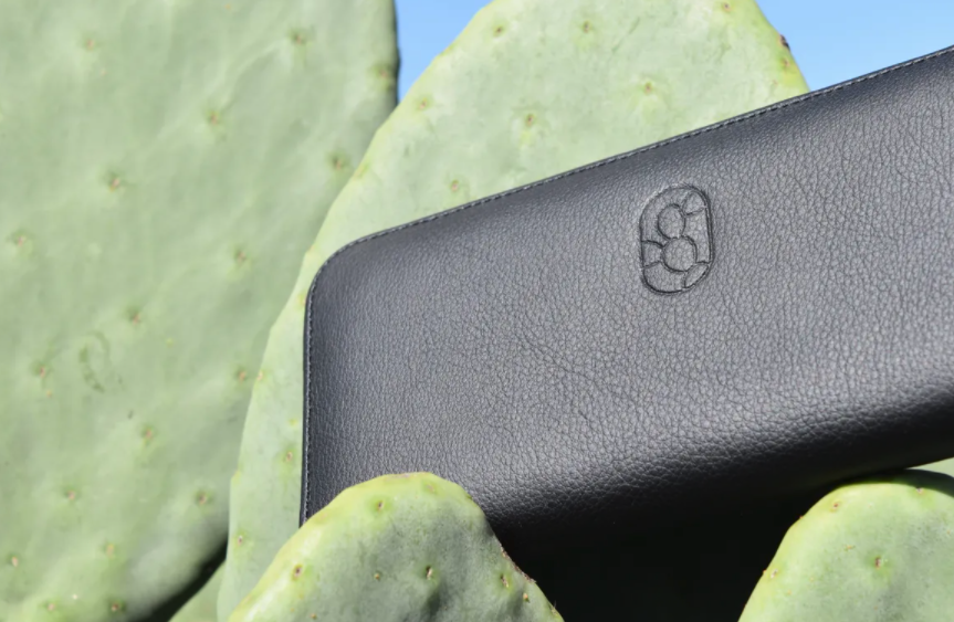 a cactus leather wallet in the foreground, with a prickly pear cactus in the background