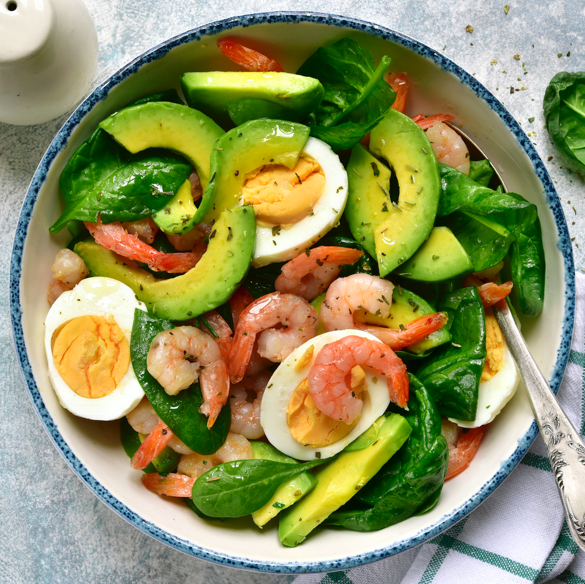 shrimp, avocado, and egg chopped salad