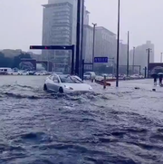 a tesla drives through floodwater in china