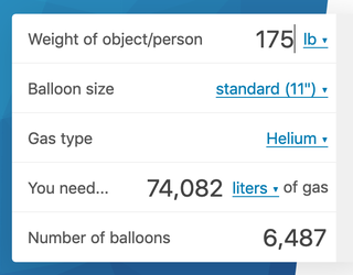 a screenshot shows that a 175 pound item needs 75,000 standard helium balloons in order to float
