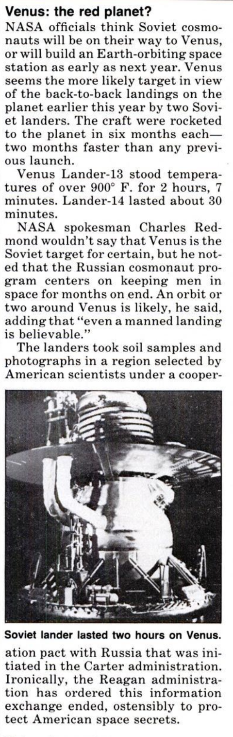 in the july 1982 issue of popular mechanics, science editor dennis eskow reported nasa's fears that the soviet union would send cosmonauts to the venus at the moment, only one spacecraft, the japanese aerospace exploration agency's akatsuki orbiter, is studying the planet