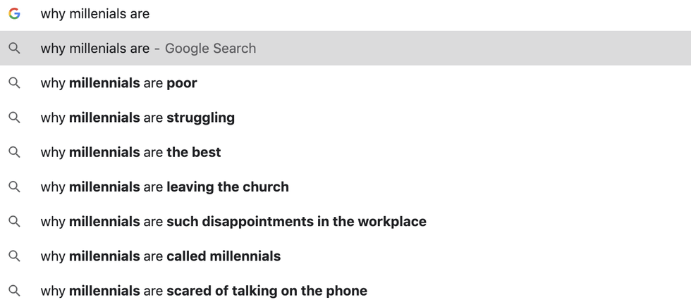 google search of millenials
