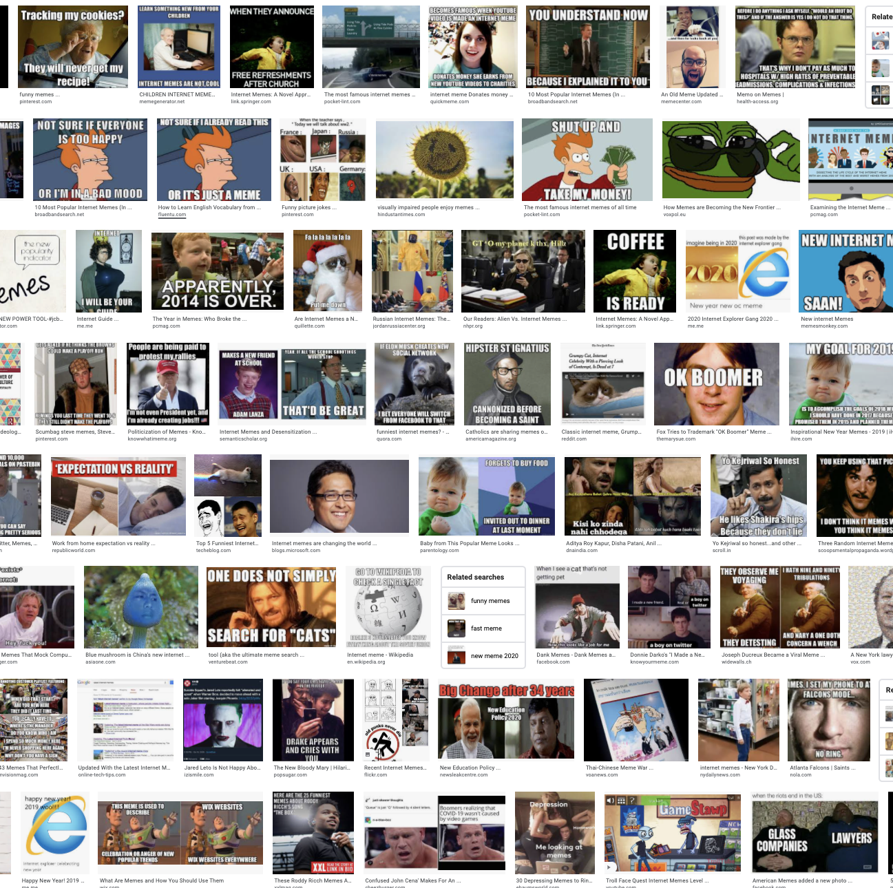 screenshot of many memes in a google image search