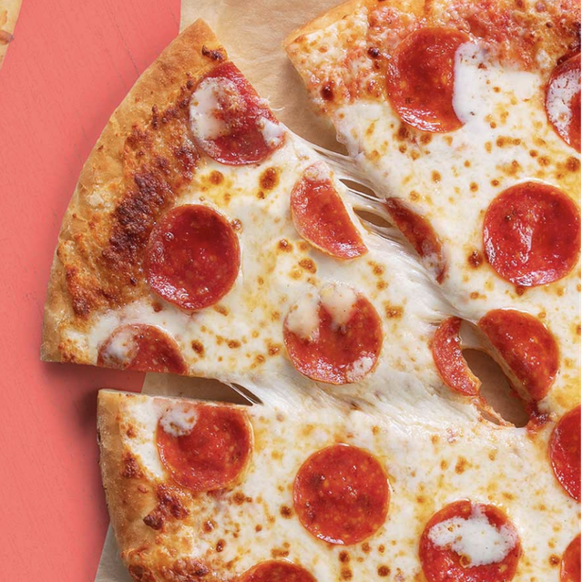 7 eleven pizza, pepperoni pizza slice, cheese pull, soda, cheese pizza