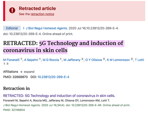 a screenshot of the pubmed website showing the retracted article that links 5g and covid 19