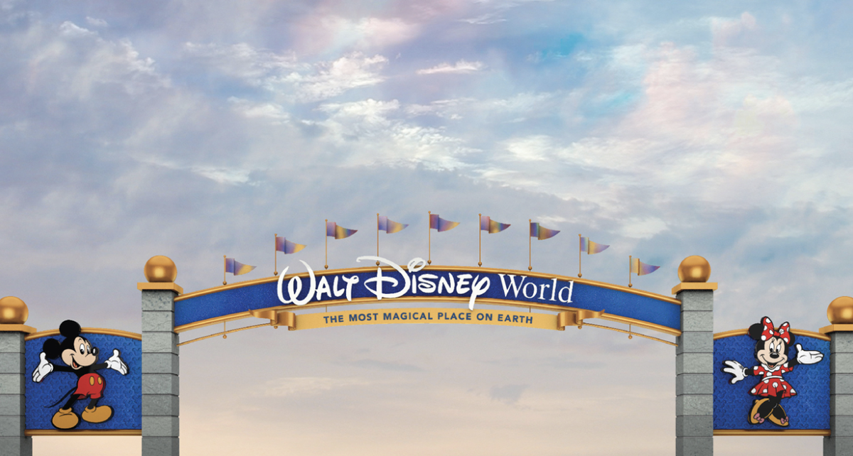 walt disney world sign update, the most magical place on earth, mickey mouse, minnie mouse, blue and gold