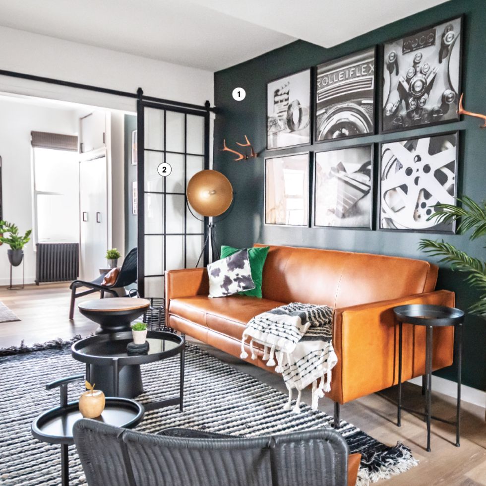green living room with orange leather couch