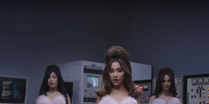 ariana grande in her music video, dressed in pink