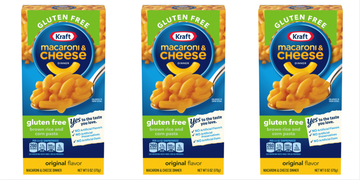 kraft macaroni  cheese gluten free box with yellow, blue, and green label