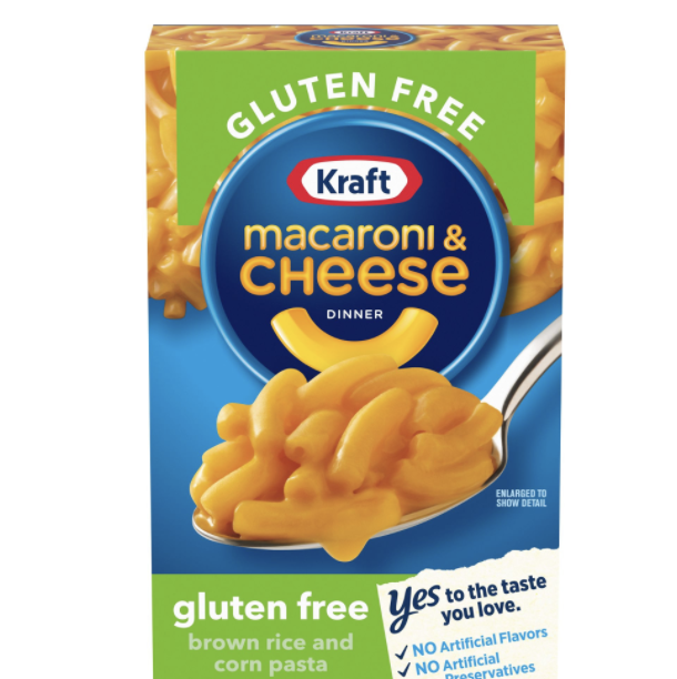 kraft macaroni  cheese gluten free box with yellow, blue, and green label