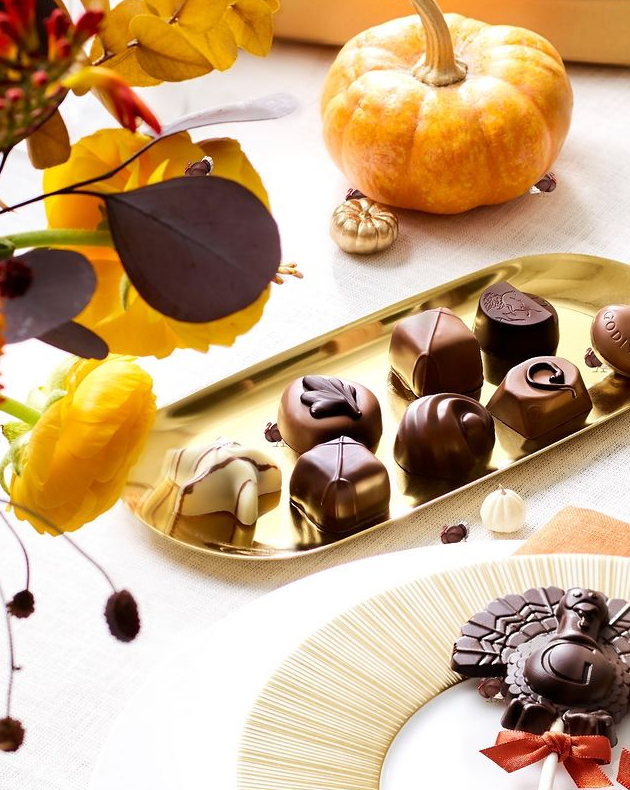godiva chocolate turkey pops surrounded by autumn decorations