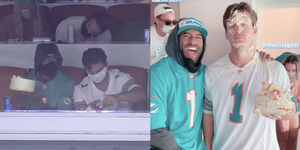 matt james smashes cake in tyler cameron's face at miami dolphins game