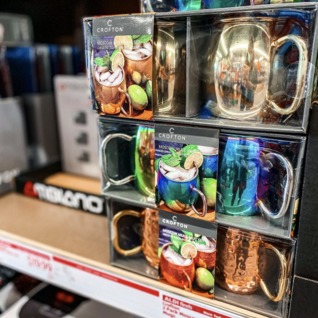 moscow mule mugs in gold, copper, rainbow at aldi