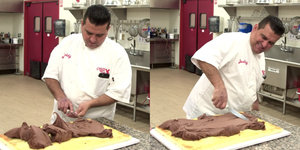 buddy valastro  struggles to ice a sheet cake following his hand injury