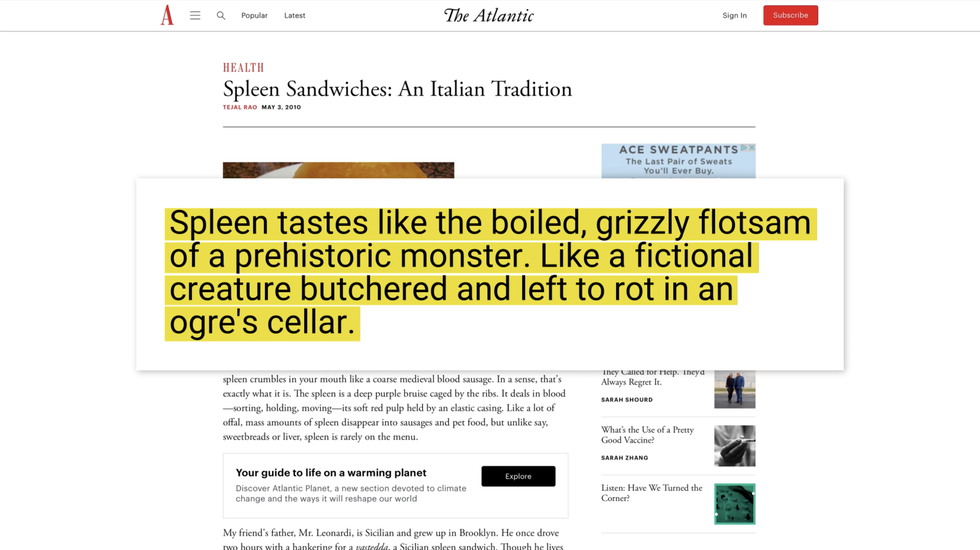 "spleen tastes like the boiled, grizzly flotsam of a prehistoric monster like a fictional creature butchered and left to rot in an ogre's cellar"