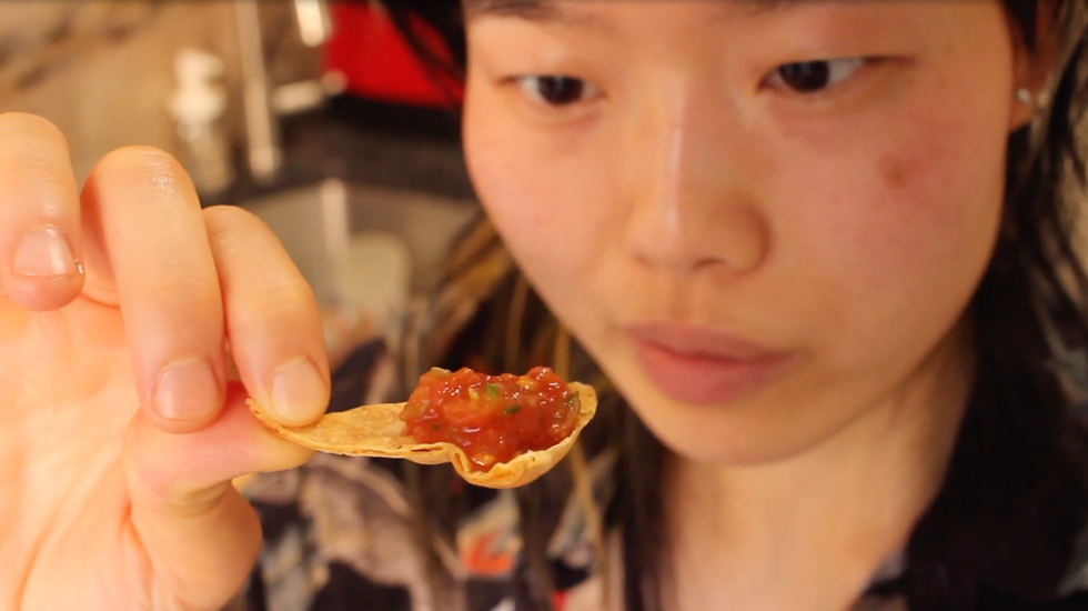 Homemade tortilla chip with salsa