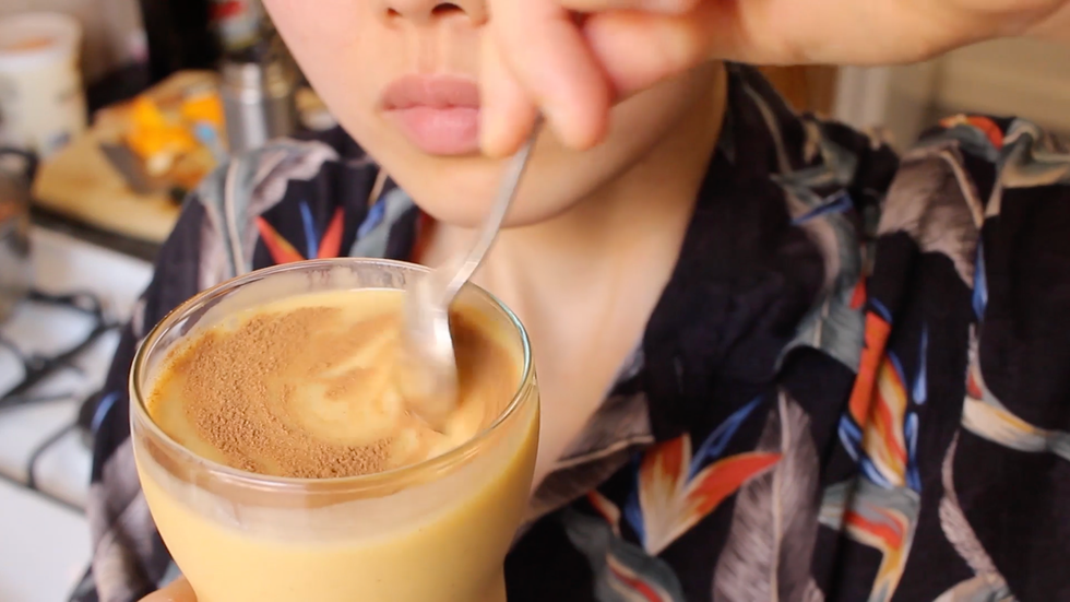 A cup of wheat pudding turned into a creamy horchata smoothie