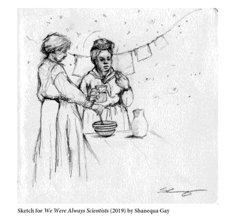 a sketch of shanequa gay's painting, we were always scientists showing two enslaved women mixing a concoction against the starry sky