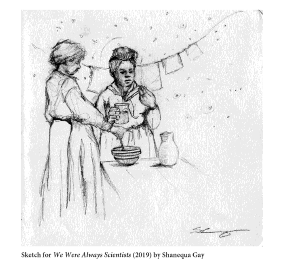 a sketch of shanequa gay's painting, we were always scientists showing two enslaved women mixing a concoction against the starry sky