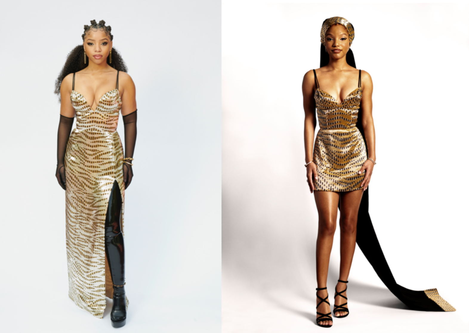 Grammys 2021: Chloe x Halle wear matching plunging Louis Vuitton tiger  printed dresses for awards