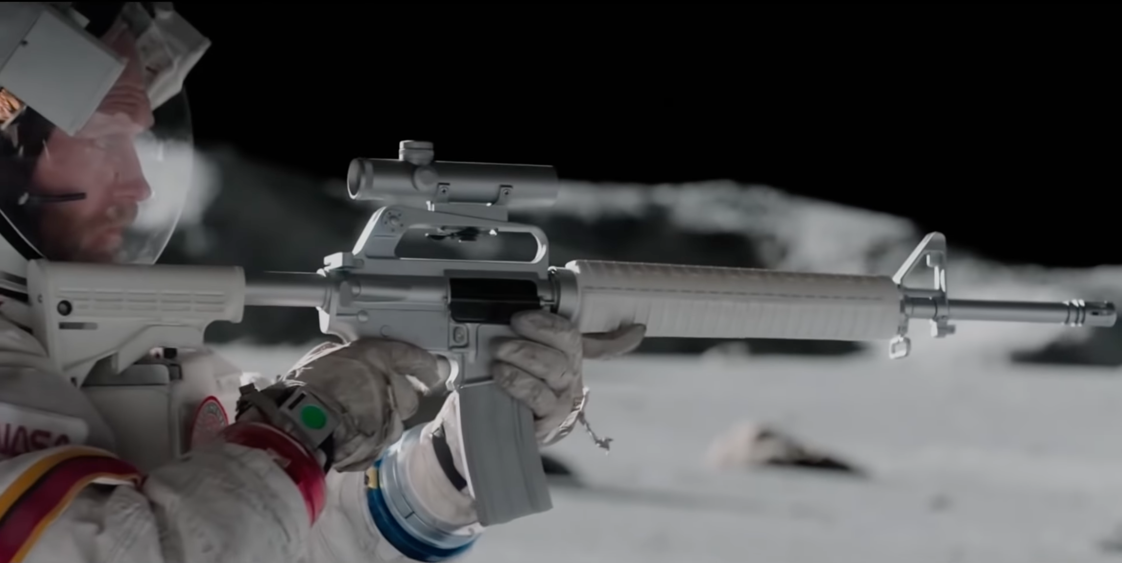 astronauts on the moon shooting guns