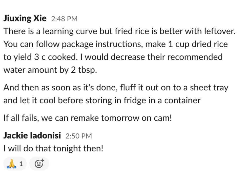 june xie teaching jackie iadonisi how to make leftover rice