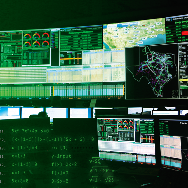 ercot control center with math overlaid on top of the computer screens