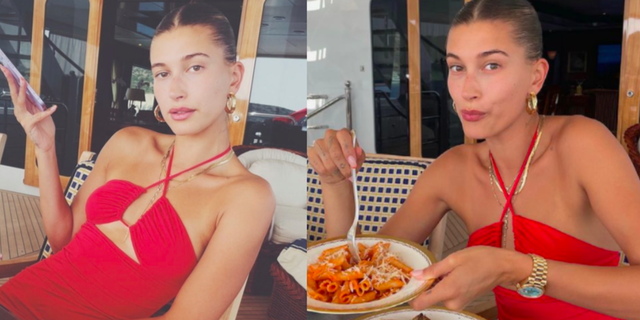 Lulus Salida Red Orange Sleeveless Cropped Tank Top, Hailey Bieber's $11  WFH Outfit Is Ideal For a Daytime Video Call and Nighttime Dance Party