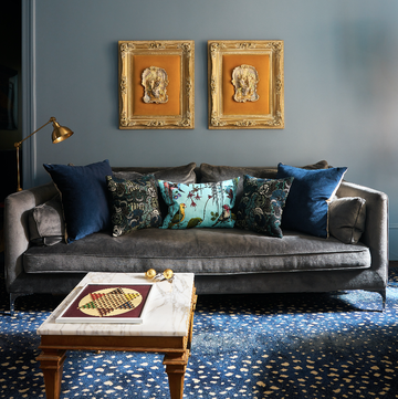 blue living room with sofa
