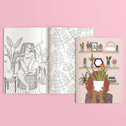 adult coloring book about plants on pink background