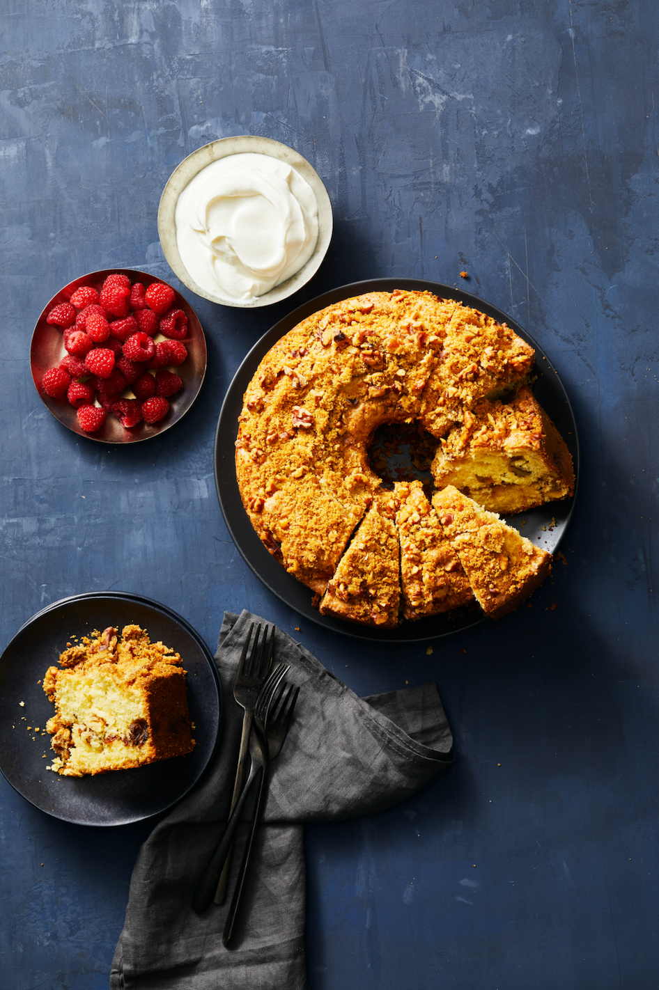 a round raisin walnut coffee cake
