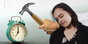 woman in black top falling asleep on the right hand side, hammer about to break an alarm clock on the left
