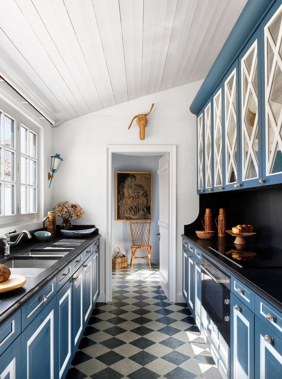 White and Blue Kitchen with Viking Range - Transitional - Kitchen