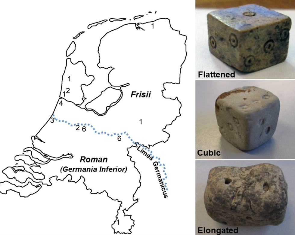 map of modern day netherlands showing location of roman sites included in this study along with three examples of dice on the right