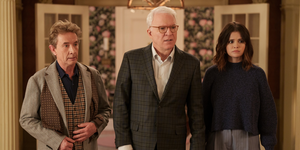 steve martin, martin short, and selena gomez in a still from the finale of only murders in the building season 2
