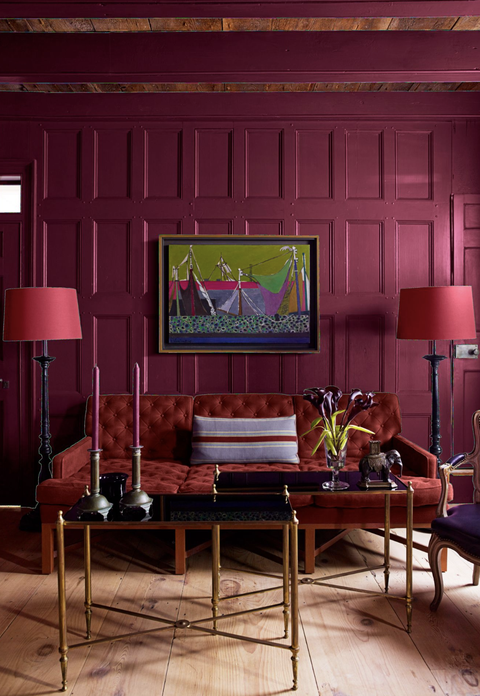 living room ideas, living room with red walls and lampshades