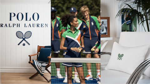 the entrance to the ralph lauren suite at the us open, a model wearing the official outfit for the tournament, and a closeup of an embroidered tennis logo pillow