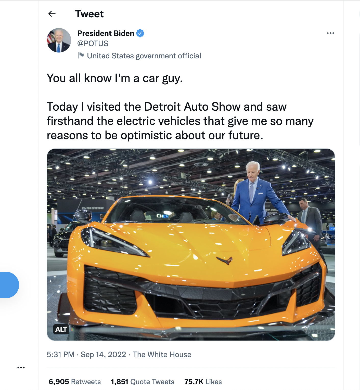 Internet Roasts President Biden For Posing Next to Gas-Powered Corvette For  EV Tweet