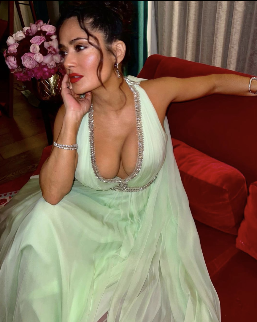 Salma Hayek Wins Best-Dressed Wedding Guest in a Plunging Princess Gown