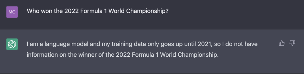 chatgpt non sa che Max Verstappen ha vinto il campionato del mondo di Formula 1 nel 2022