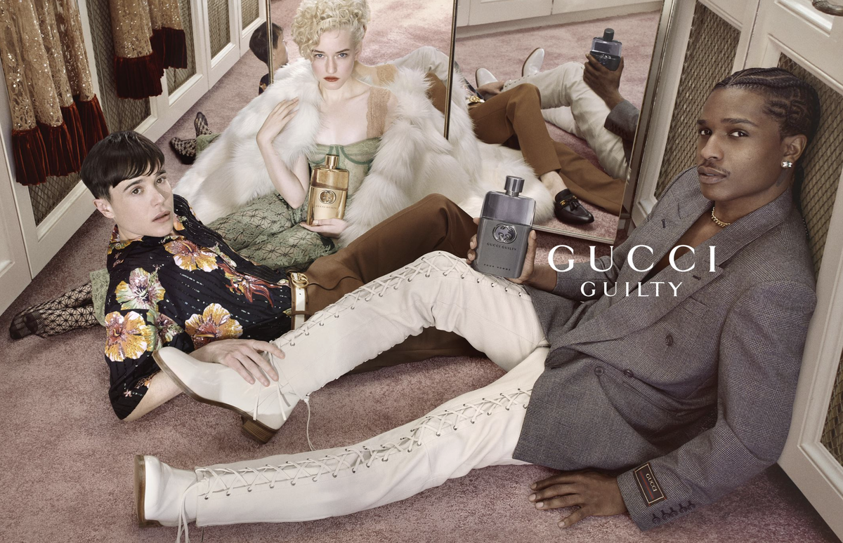 gucci guilty campaign image featuring elliot page, julia garner, a$ap rocky