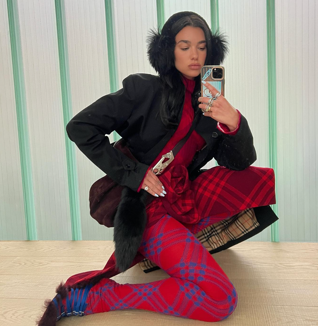 Dua Lipa Wears Plaid Red Tights and No Pants in Ibiza