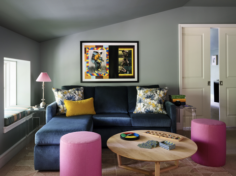 pink and blue and yellow living room