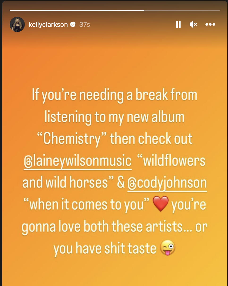 kelly clarkson instagram story about lainey wilson